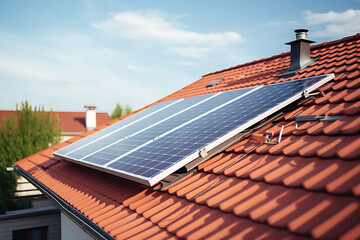 Solar cells on the roof of the house and sunlight on the roof of the house have a beautiful sky with a sunset. Alternative sources of electricity. Sustainable resource storage