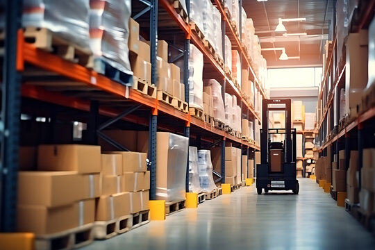 Logistics company, warehouse, cardboard boxes and shelves with parcels. Customs warehouse specialist. Warehouse delivery service. distribution warehouse