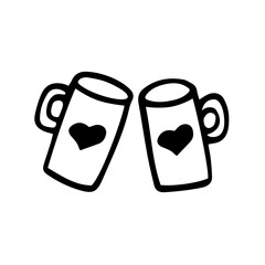 A couple of cups with hearts. Vector doodles, contour, clipart, sketch, sketch, icon. Valentine's Day, February 14. Friendship, love, relationships.