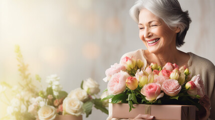 Elegant elderly woman with a gentle smile, holding a bouquet of fresh flowers, portrait