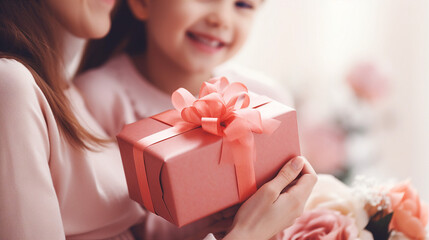 Warm mother-daughter moment, a young girl receiving a gift - obrazy, fototapety, plakaty
