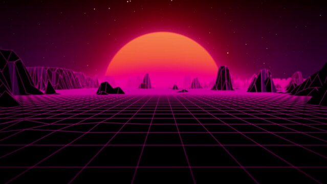 Retro Futuristic Landscape With Purple Rocky Mountain Shapes And Glowing Pink Grid , 4k , 60 Fps