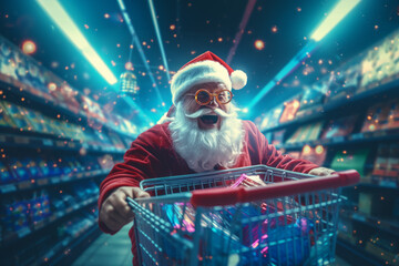 crazy Santa Claus with gifts with shopping cart in the mall. Christmas shopping. Christmas sales