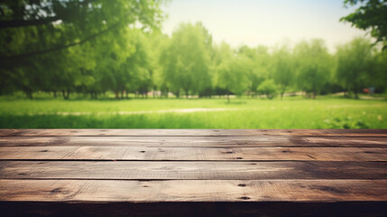 A wooden table overlooking a lush green meadow under a clear sky, nature-based theme, product display