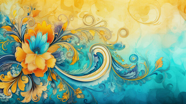A detailed artwork of swirling pattern and vibrant flowers on a subtle vintage backdrop