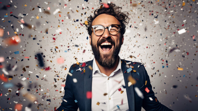 Joyful man in formal attire amidst a celebratory confetti shower, exuding happiness and confidence