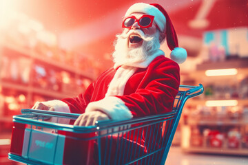 crazy funny Santa Claus in shopping carriage in the mall. Christmas shopping. Christmas sales