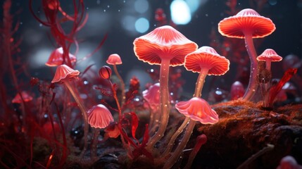 3d illustration of red luminous glowing lichens flowers in the neon jungle. - obrazy, fototapety, plakaty