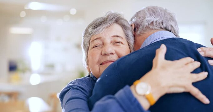 Home, hug and senior couple with support, love and commitment with respect, smile and retirement in a lounge. Apartment, old man and elderly woman embrace, marriage and romance with care and trust