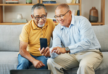 Home, friends and old men with a smartphone, typing and connection with social media, post and relax. Mature guys, digital app or pensioners with a cellphone, mobile user or contact with sms or email