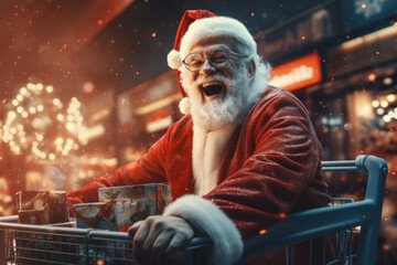 crazy funny Santa Claus in shopping carriage in the mall. Christmas shopping. Christmas sales