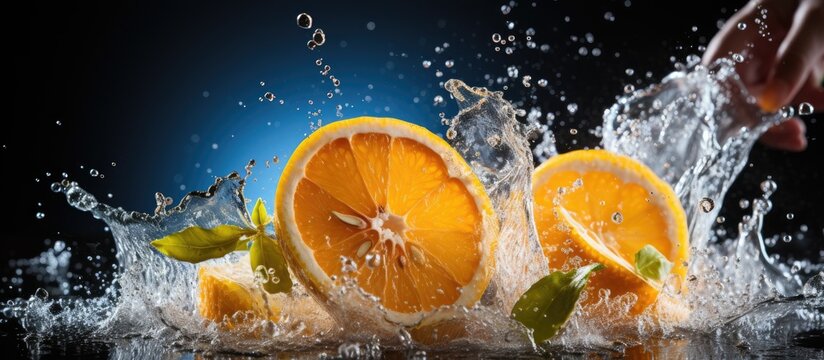 Chef slices an orange with a knife creating frozen splashes of water and juice With copyspace for text © 2rogan
