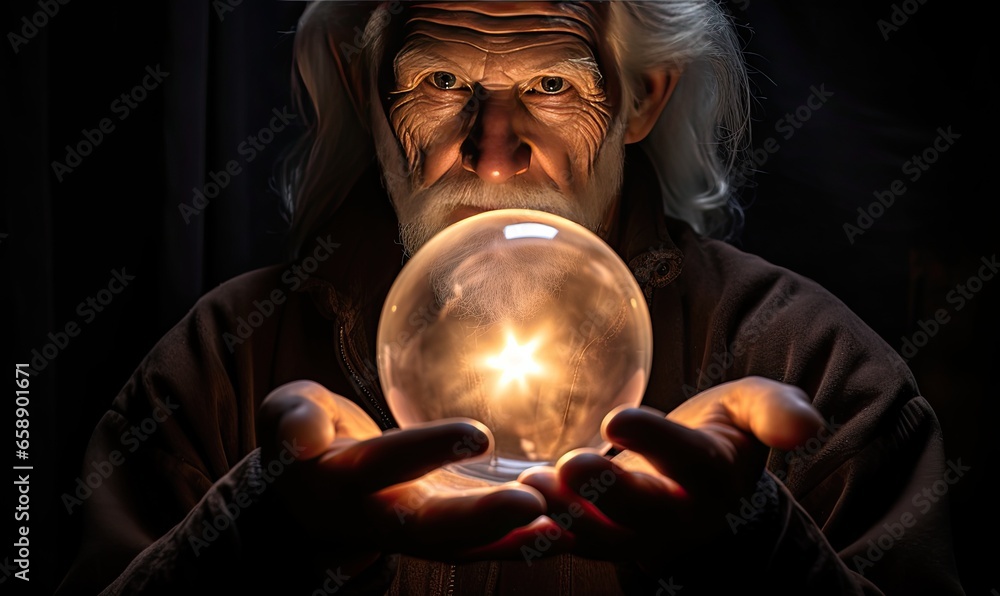 Wall mural Photo of a man holding a crystal ball in his hands, exploring the mysteries of the future