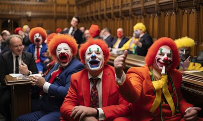 Photo of clowns sitting in a colorful room