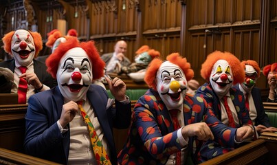 Photo of clowns sitting in a courtroom - obrazy, fototapety, plakaty