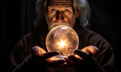 Photo of a man holding a crystal ball in his hands, exploring the mysteries of the future - obrazy, fototapety, plakaty