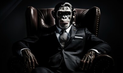 Photo of a monkey dressed in a suit sitting in a chair - obrazy, fototapety, plakaty