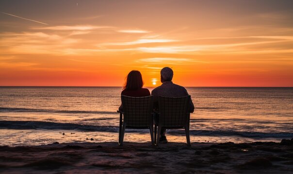 Photo of a couple enjoying a romantic sunset on the beach