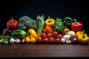 Colorful Mix of Fruits and Vegetables Assortment for Fitness, Side View Dark Background
