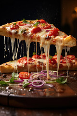 Traditional Italian Pizza: A steaming hot slice of pizza dripping with melted cheese and colorful toppings, served with fresh tomato sauce
