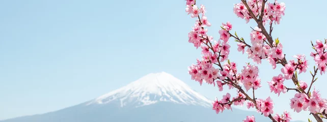 Stof per meter Fuji Mount Fuji with cherry blossom at Lake Kawaguchiko in japan. Springtime