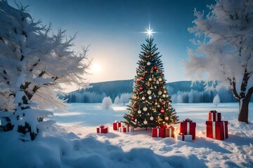 Beautifully decorated Christmas tree with gift boxes in a snow-covered winter scene