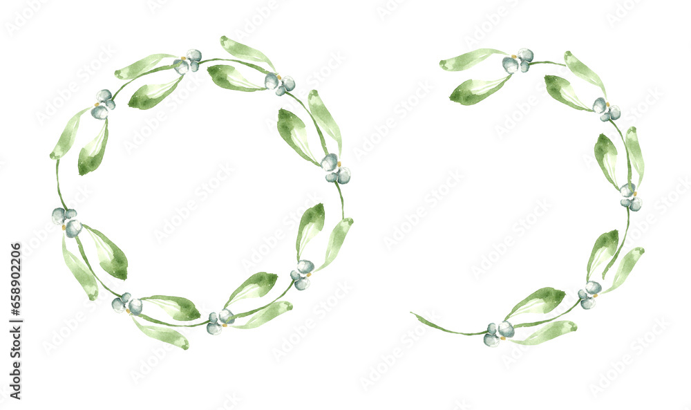 Wall mural set of two wreaths. round wreath and half-wreath of winter mistletoe plant with green leaves and whi