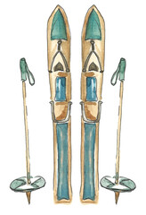 Winter recreation concept. Alpine skis are yellow with blue elements and poles on the sides. Hand drawn watercolor illustration on white background for your design