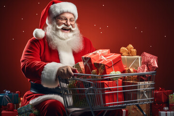 Santa Claus with full gifts shopping carriage on red background. Christmas shopping. Christmas sale