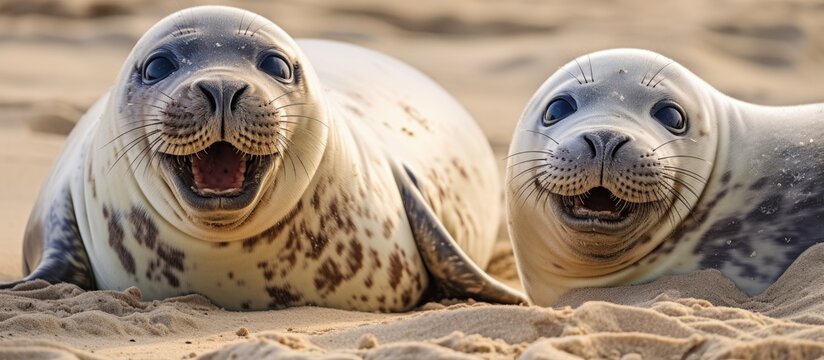 Amusing photo of playful seals joking in the sand