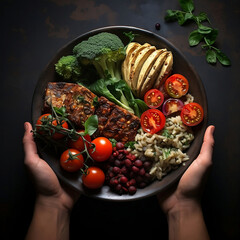Vegan meal with avocado broccoli tomato berry in plate with rustic background - obrazy, fototapety, plakaty