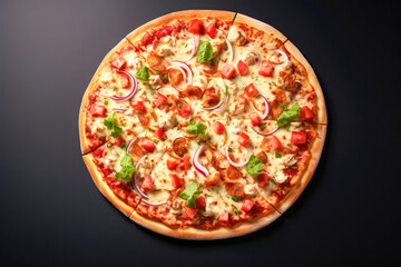 Pizza with mozzarella cheese, tomatoes and onion on black background