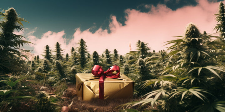 Close-up of a Christmas present in a cannabis garden. Golden gift box surrounded by green plants. - Powered by Adobe