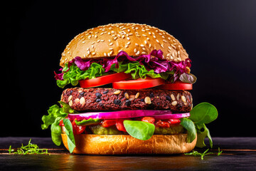 Delicious hamburger with fresh vegetables on black background, closeup