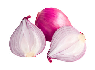 Fresh red onion bulb with two halves isolated on white background with clipping path