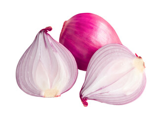 Fresh red onion bulb with two halves isolated on white background with clipping path in png file format