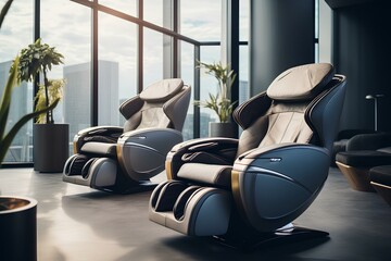 Massage chairs in a quiet corner of an open space office. concept of employee welfare in modern enterprises to improve work efficiency. generative AI