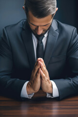 Successful businessman in a suit is sitting and asking for blessings from God in an office