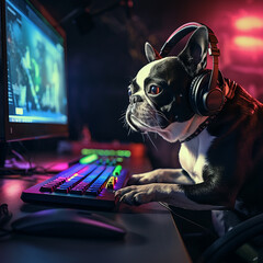 funny boston terrier, dog gamer wearing headphones playing computer game in cinematic lighting - 658903285