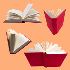 collection of various red books isolated on orange background. each one is shot separately.