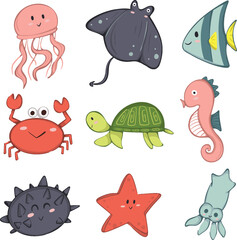 Cartoon sea animals. Cute ocean fish