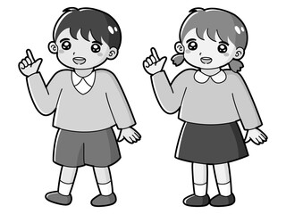 指を指す男の子と女の子のイラストセット（白黒）
