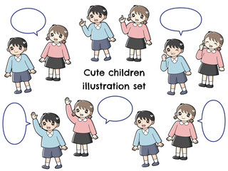 男の子と女の子の様々なポーズと吹き出しセット（笑顔・挙手・指差し・ガッツポーズ）