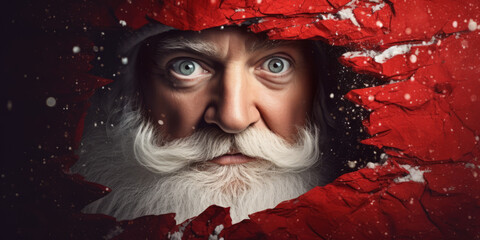  emotional peeking out Santa Claus from hole of the wall. fairytale character Merry Christmas - obrazy, fototapety, plakaty