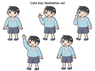 男の子の様々なポーズセット（笑顔・挙手・指差し・ガッツポーズ）
