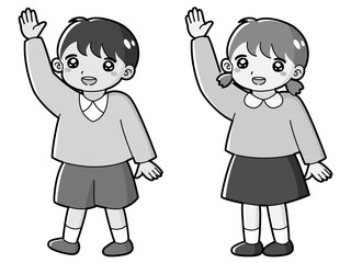 手を挙げる男の子と女の子のイラストセット（白黒）
