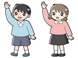 手を挙げる男の子と女の子のイラストセット