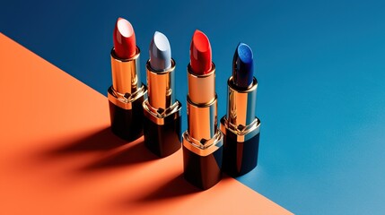 lipsticks close-up on a orange and dark blue background