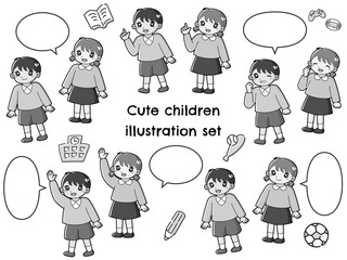 子どもたち（男の子と女の子）と吹き出しのイラストセット（学校に関するアイコン付き）白黒