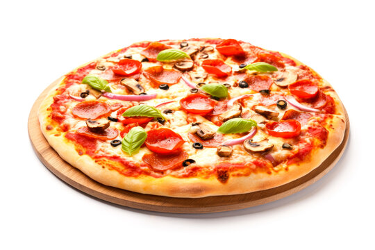 Pizza with mushrooms, onion, pepper and tomato on white background